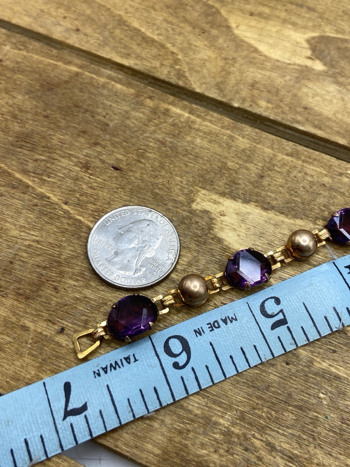 Vintage 1950s Bal-Ron Signed 12k GF Purple Czech Glass Bracelet 6.5”