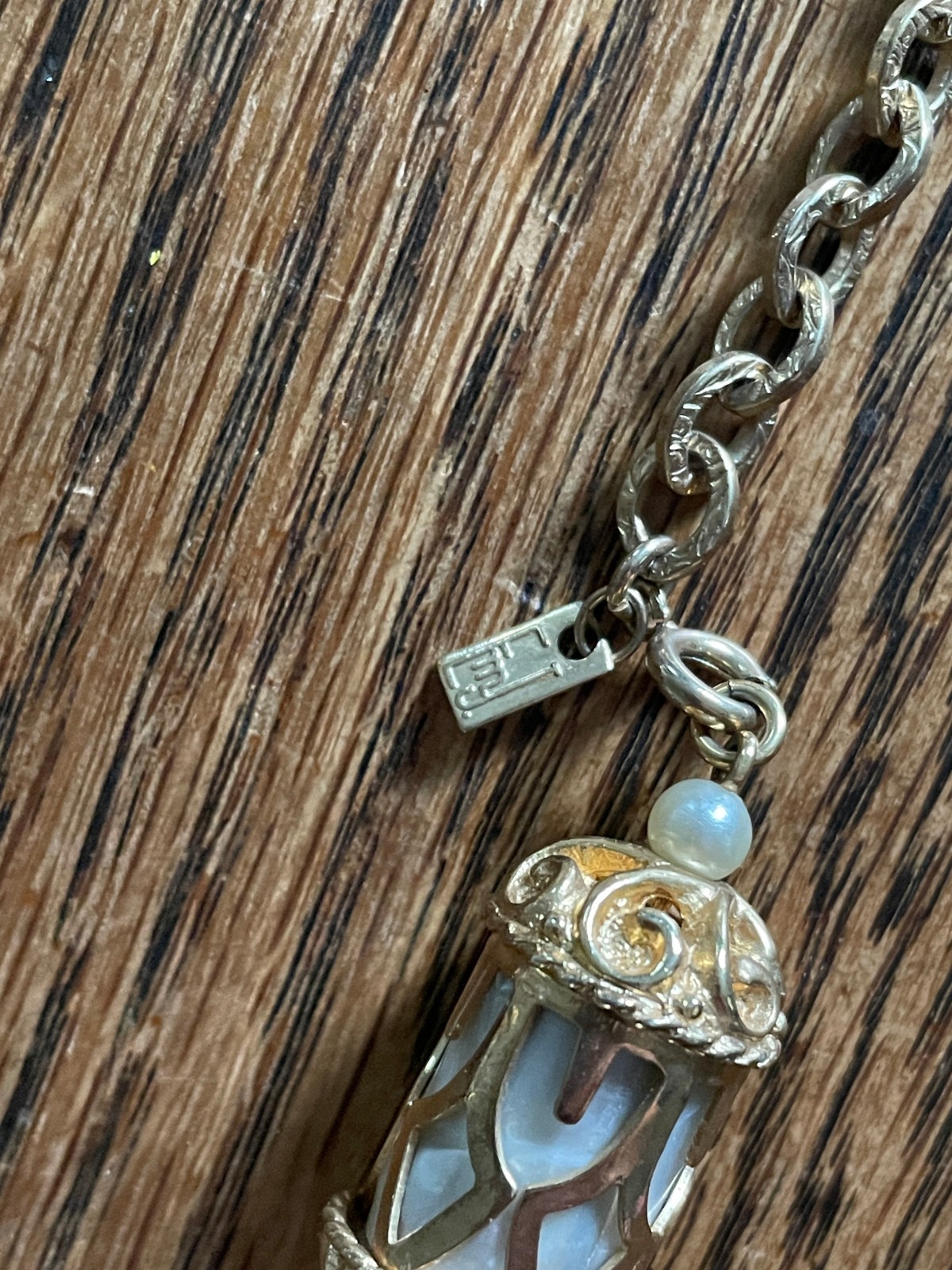 Vintage 60s Signed Emmons Magic Lantern Necklace Faux Mother of Pearl Dangles