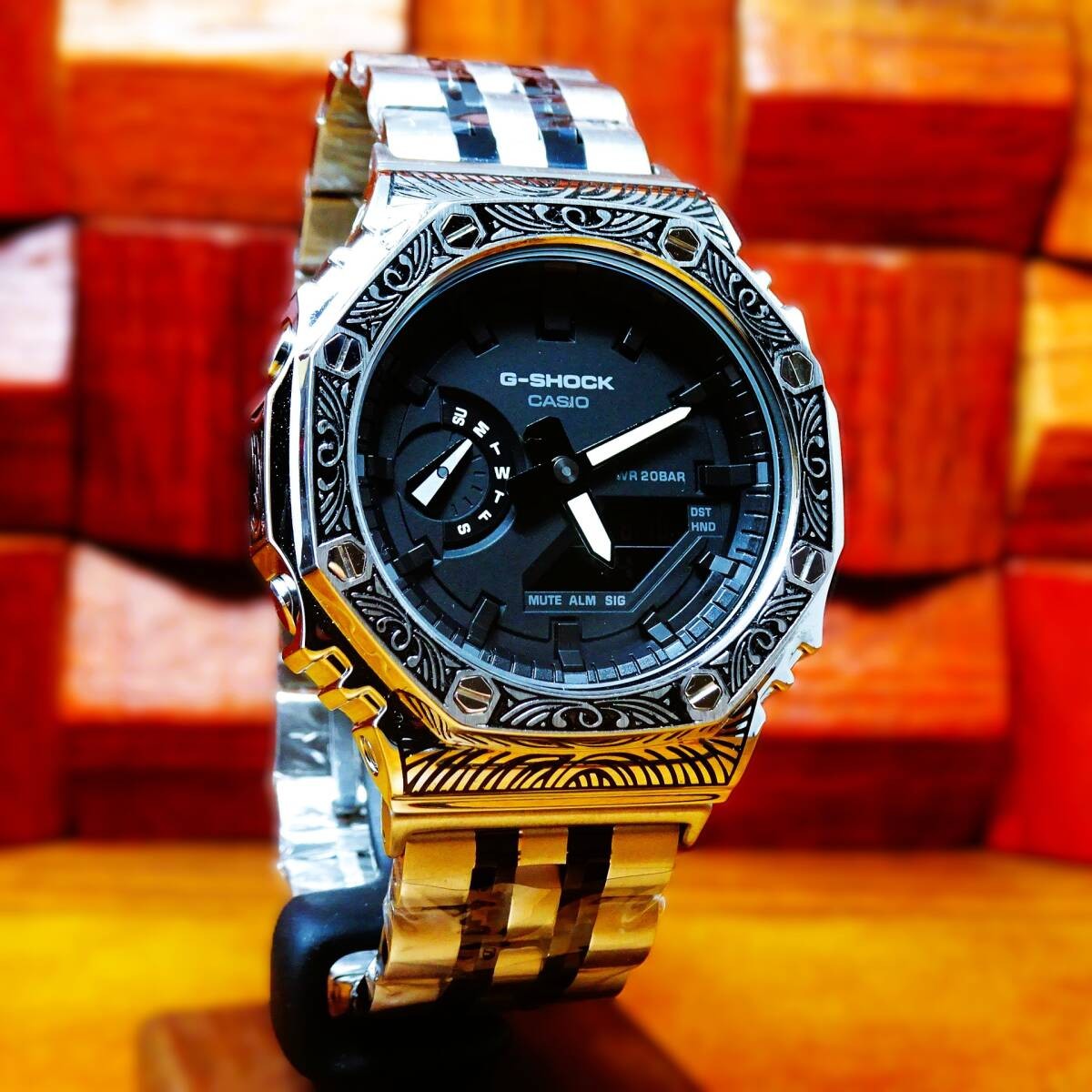 CUSTOM CASIO G-Shock GA-2100-7A Stainless Steel Venetian Pattern New item in Box