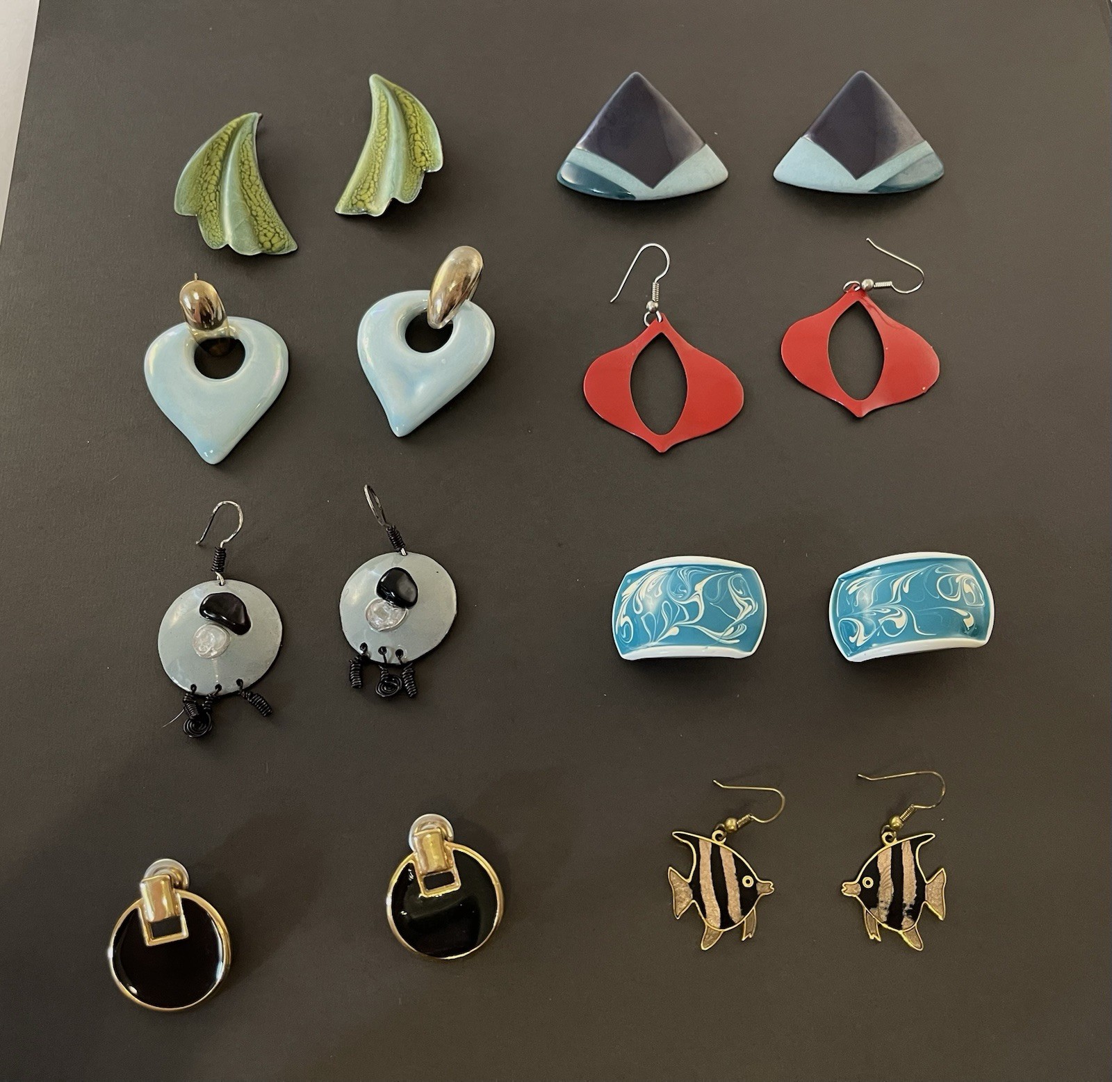 Vintage Earrings Pierced Enamel Ceramic Copper Gold-Tone Abstract 8 Pairs