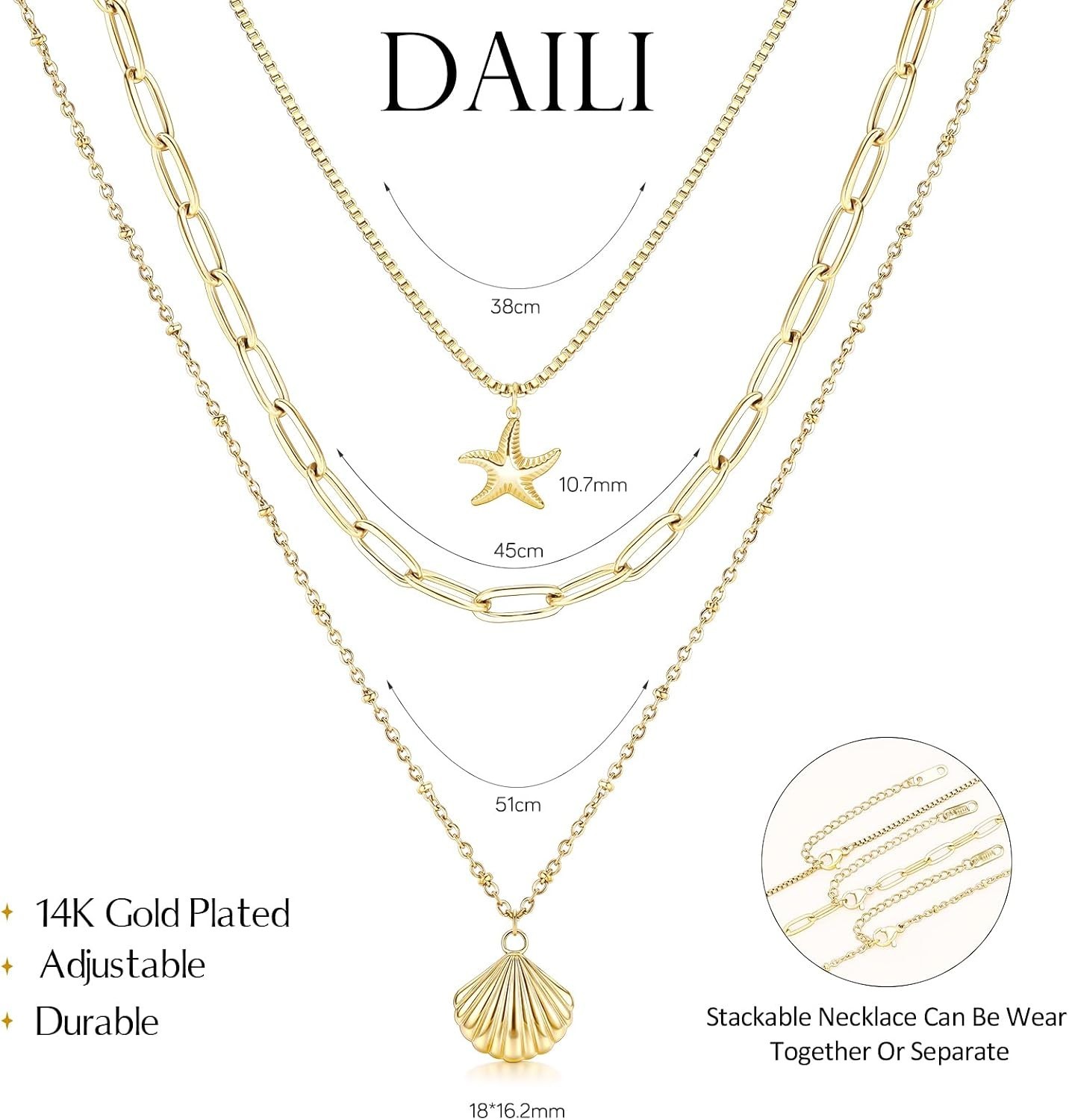14k Gold Layered Starfish & Seashell Necklace – Adjustable Summer Jewelry