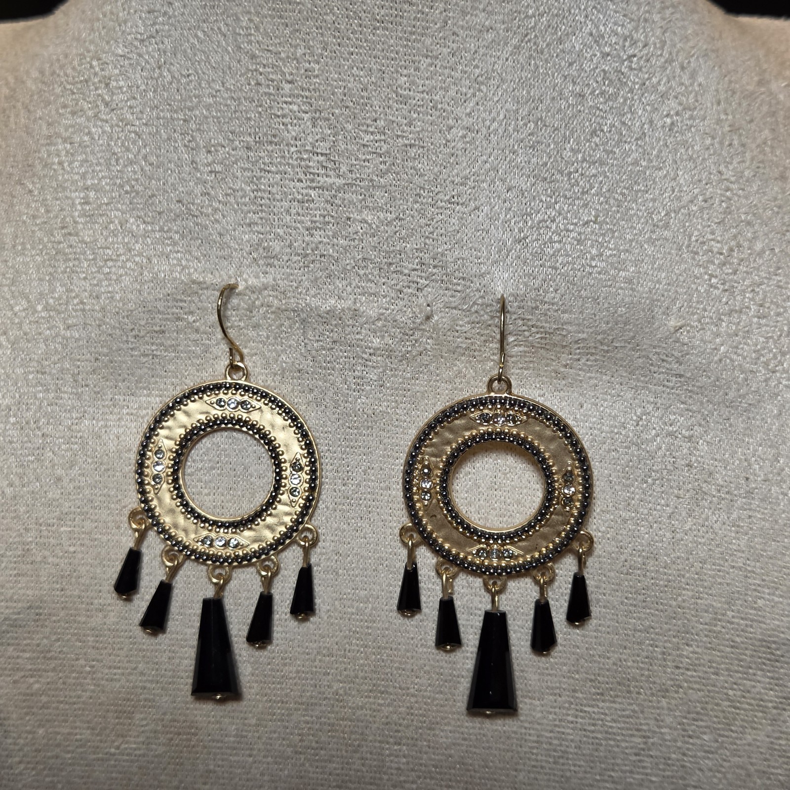 Elegand Golden Hoop Earrings With Black Dangles And Sparkling Crystal Accents