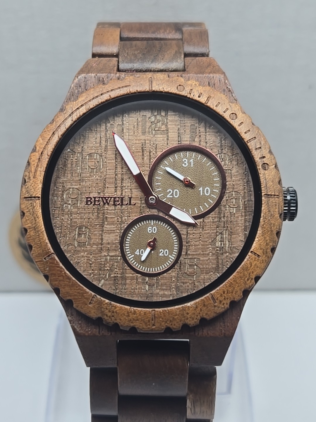 Bewell Black Walnut Wooden Watch Quartz Date Seconds Subdials Brown New Battery