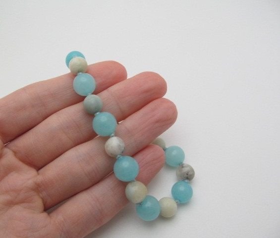 Blue Amazonite Natural Stone Knotted Ball 9.5mm Silver Tone Bracelet 8.25 In