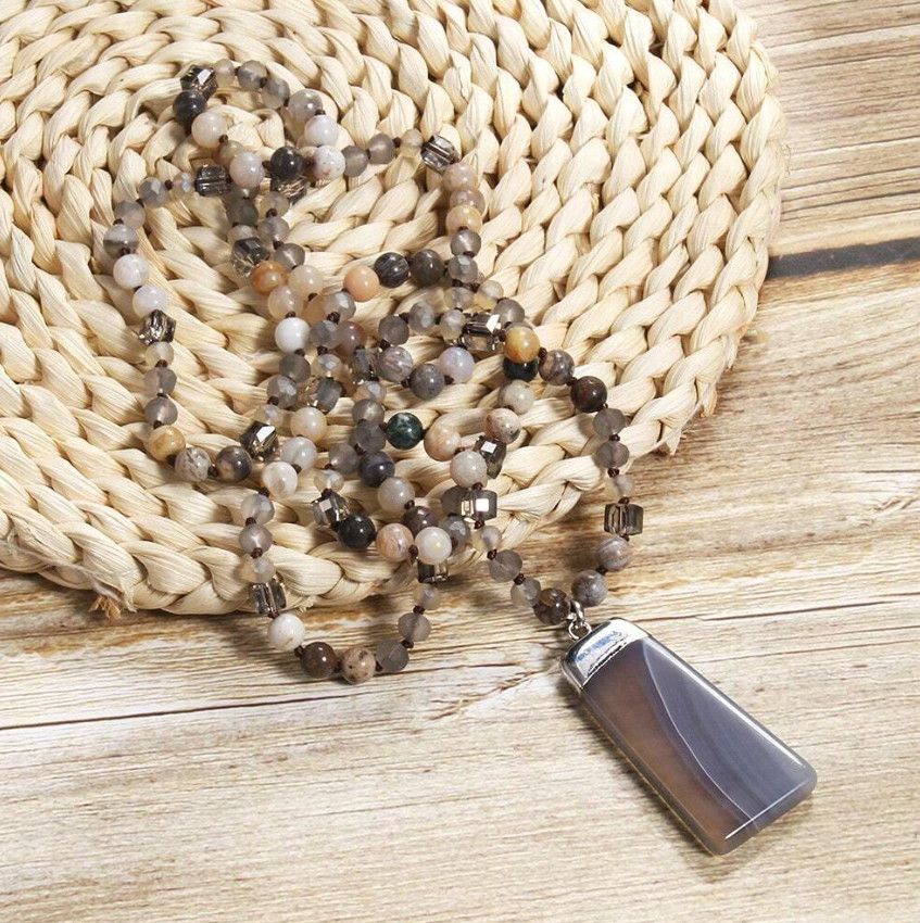 Natural Jasper Beaded Necklace with Gray Banded Agate Pendant 19″ *NEW* Stone