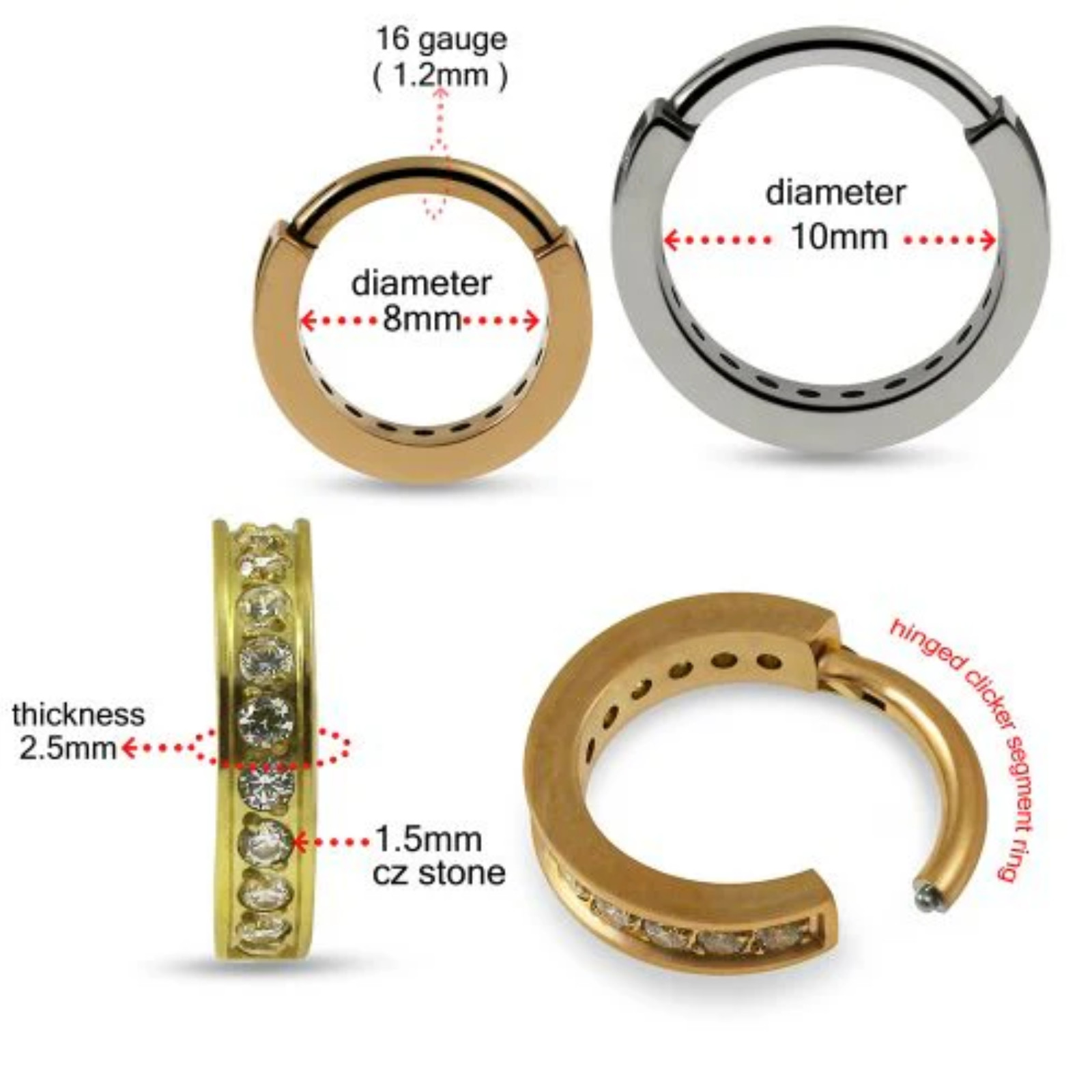 G23 Titanium CZ Jewelled Hinged Clicker Ring Septum Nose Cartilage Hoop