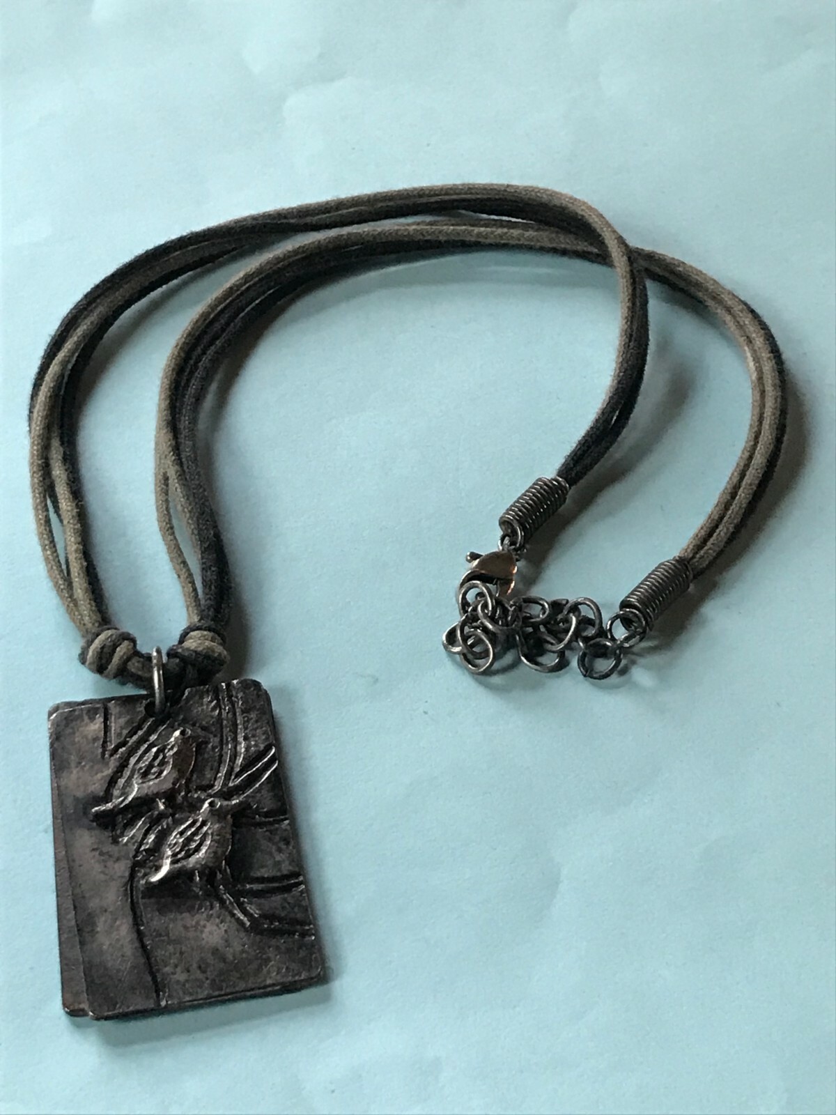 Olive Green & Black Multistrand Cord w Oxidized Silvertone Birds w Saying Rectan