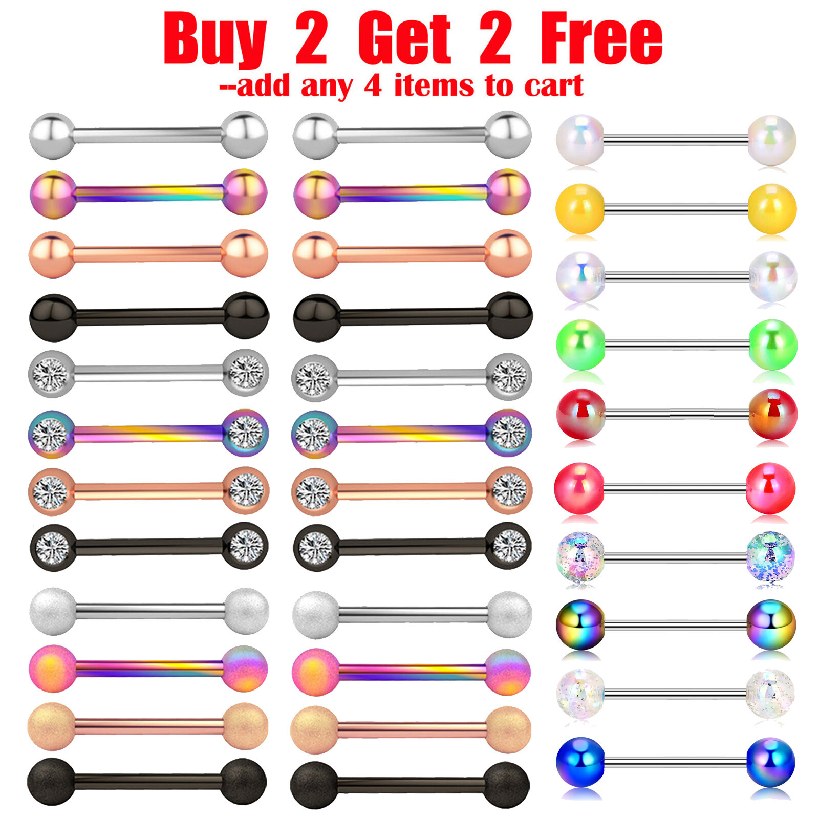 4-14Pcs Stainless Steel Nipple Rings Tongue Rings Straight Barbell Piercing 14G