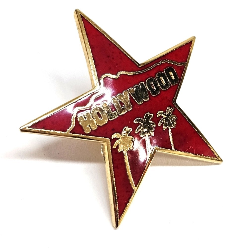 VINTAGE Hollywood Hills Red Gold Enamel Metal Star Future Primitive Lapel Pin