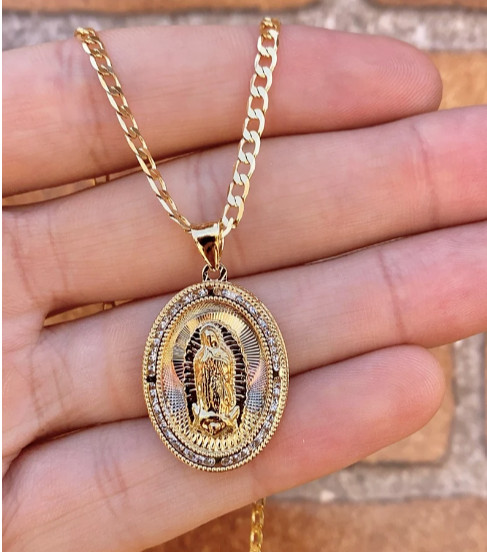 Virgem Guadalupe Curb Chain 22″ Necklace Pendant 14K Good Filled Jewelry Unisex