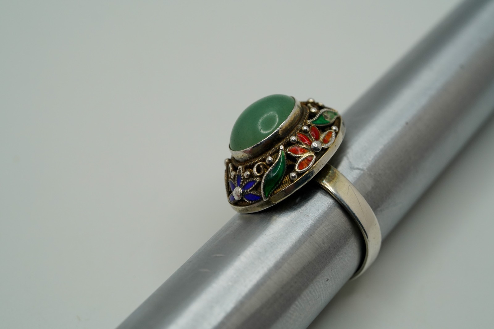 Vintage Chinese Export Sterling Silver Jade Enamel Adjustable Ring JB44