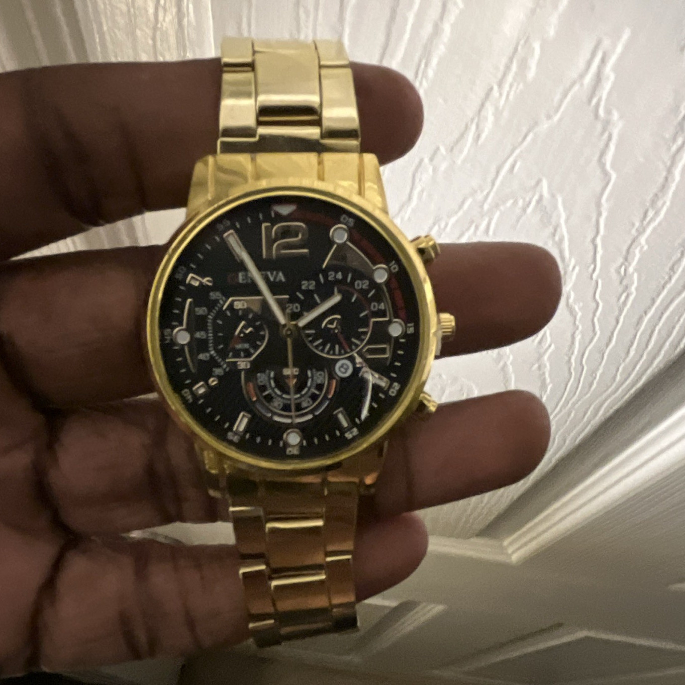 Geneva Men’s Quartz Gold-Tone Bracelet Watch Black Dial Date 42mm