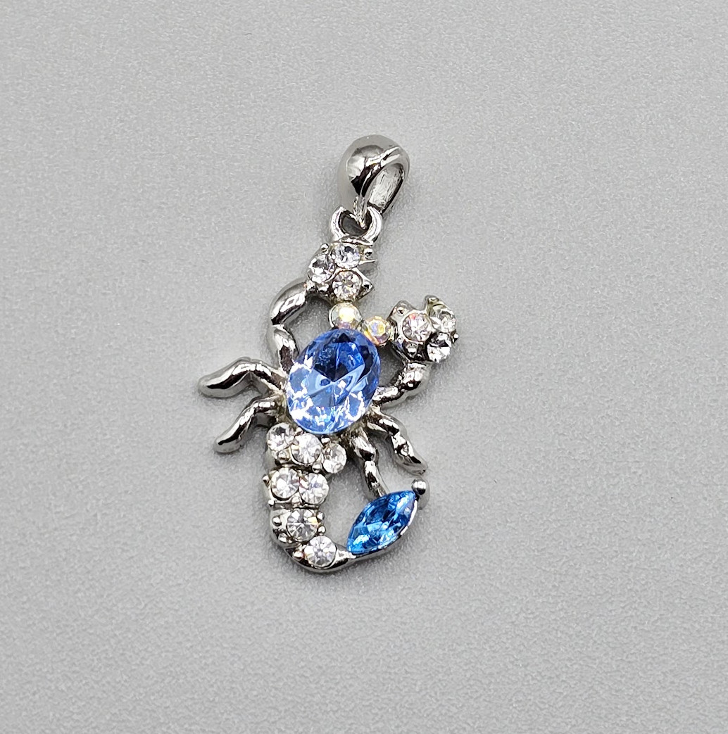 Scorpio Zodiac Pendant Blue Rhinestone Silver Tone Astrology Charm Scorpion 1”