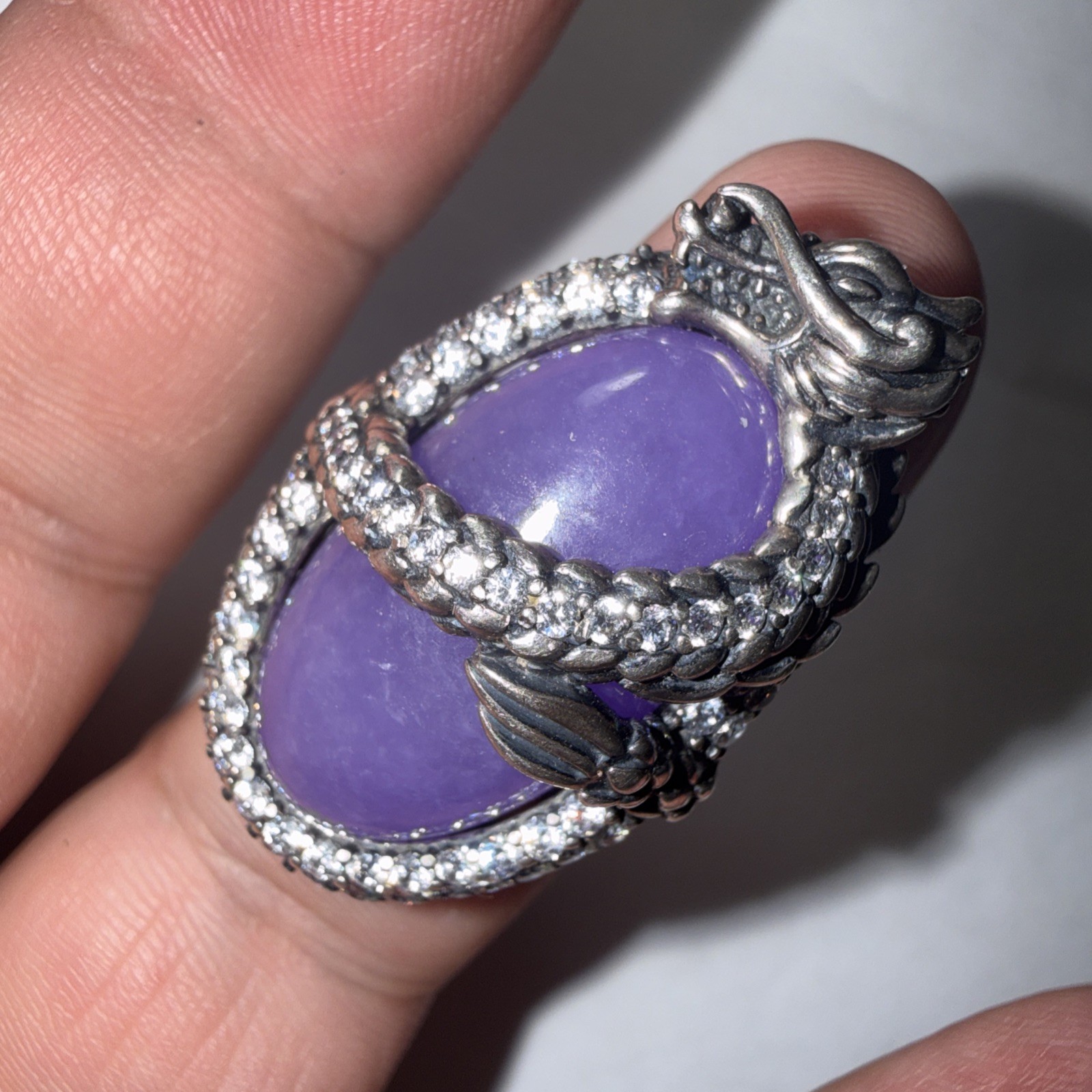 Ring Size 6 Dragon Huge Lavander Jade And Crystals Huge Cocktail Ring Sterling