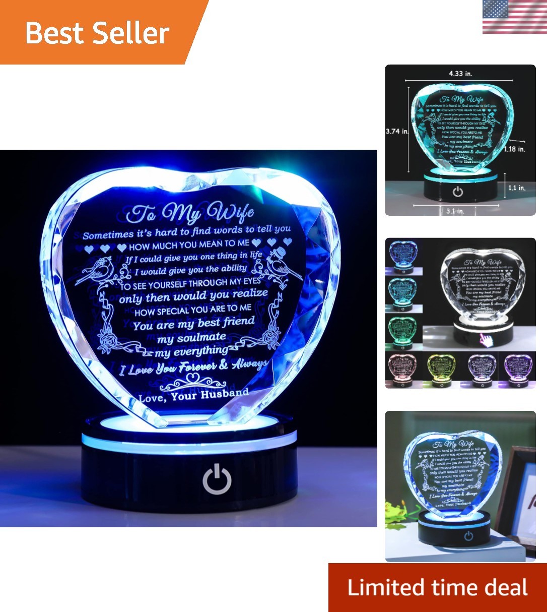 Heart-Shaped K9 Crystal Keepsake with Colorful LED Base – Perfect Gift for Wife