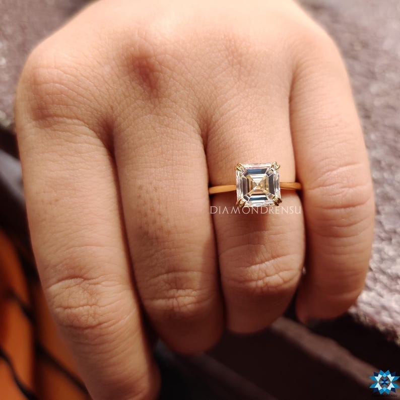 Asscher Cut Moissanite Double Claw Prong 14K Gold Solitaire Engagement Ring