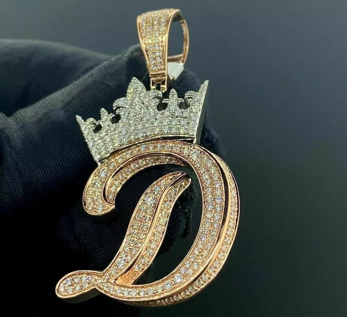 “D” Initial Letter Crown Pendant 2Ct Real Moissanite 14K Two Tone Gold Plated