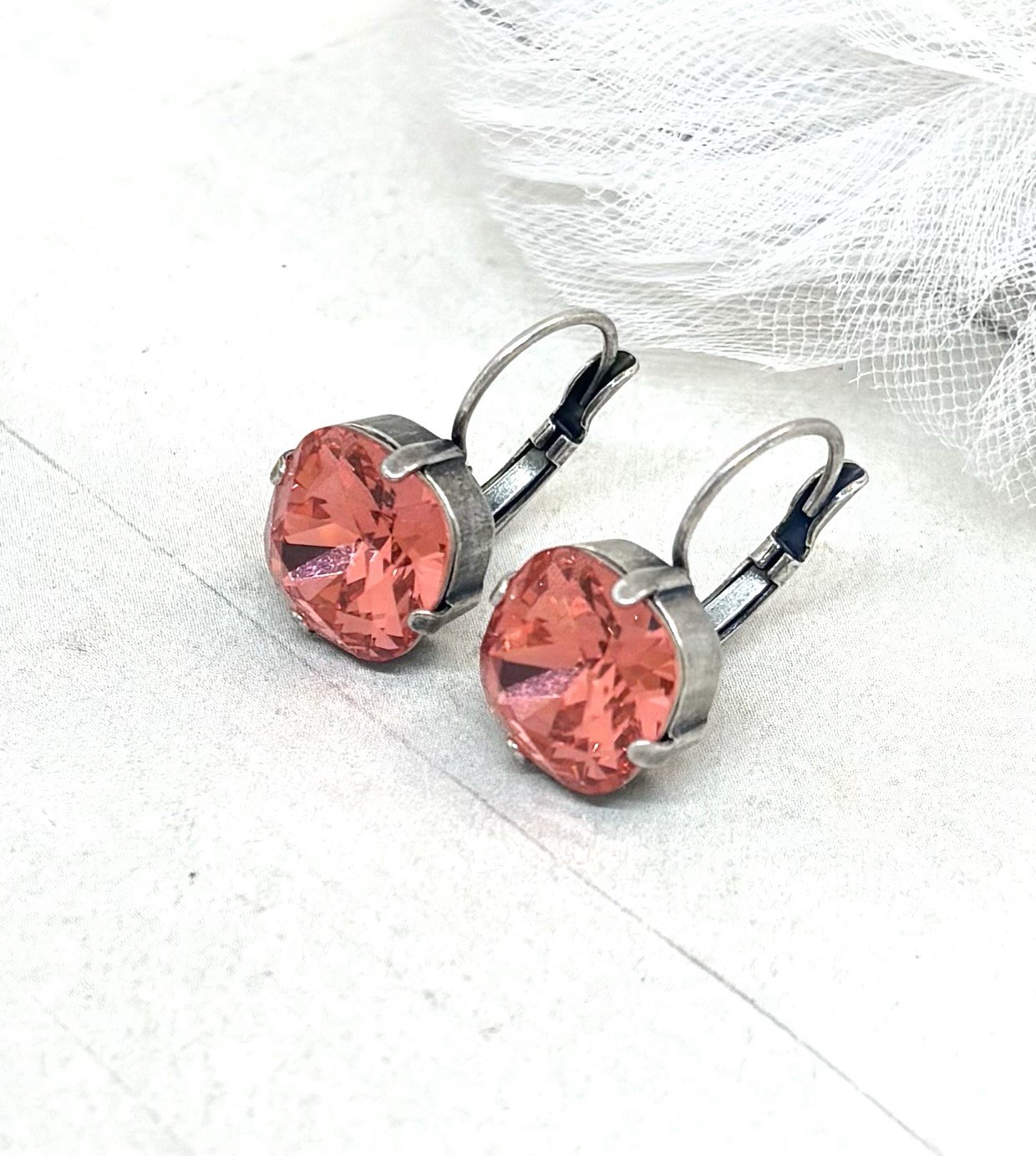 12mm Silver Plated Padparadasha Crystal Square Cup Chain Earrings