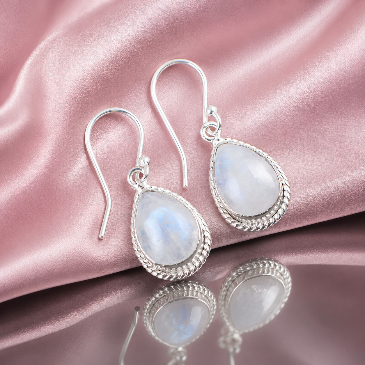 Natural Rainbow Moonstone Gemstone 925 Stamped Silver Woman’s Hook Earring 1.40″