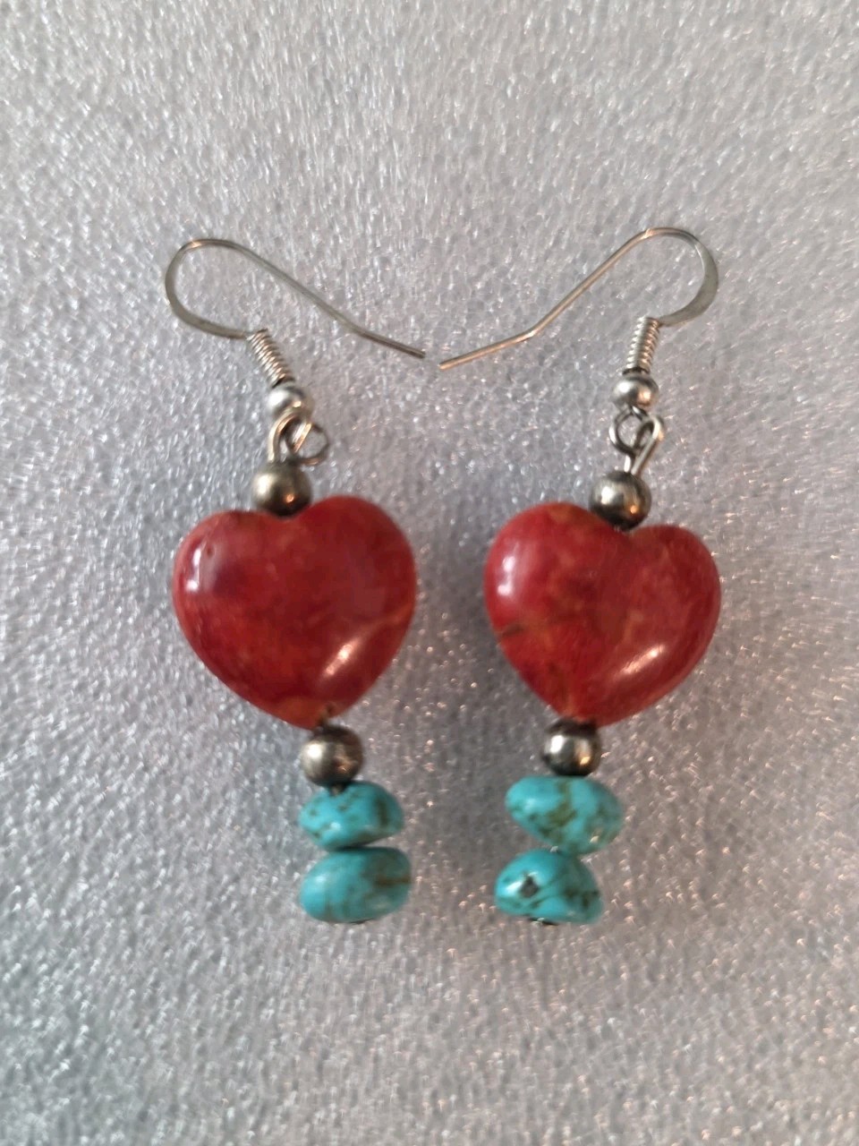 Red Heart Coral & Turquoise Bead Dangle Earrings N.A. Southwestern Handmade