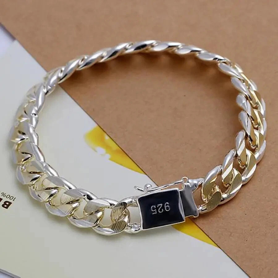 Pulsera sólida de plata de ley 925 con cadena Noble y bonita para mujeres y homb