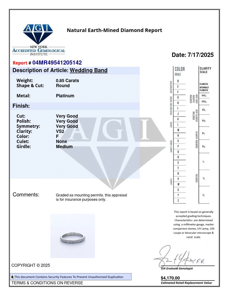 Solid Platinum Classic Wedding Band Classic 0.85 CT Round Natural Diamond F VS2