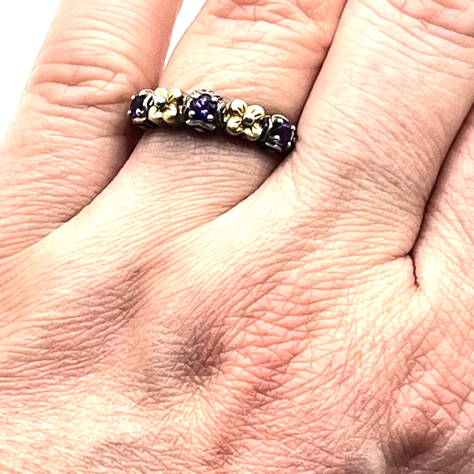 Barbara Bixby Band Ring Sz 8 Amethyst and 18k Lotus Flower Accents Sterling 925