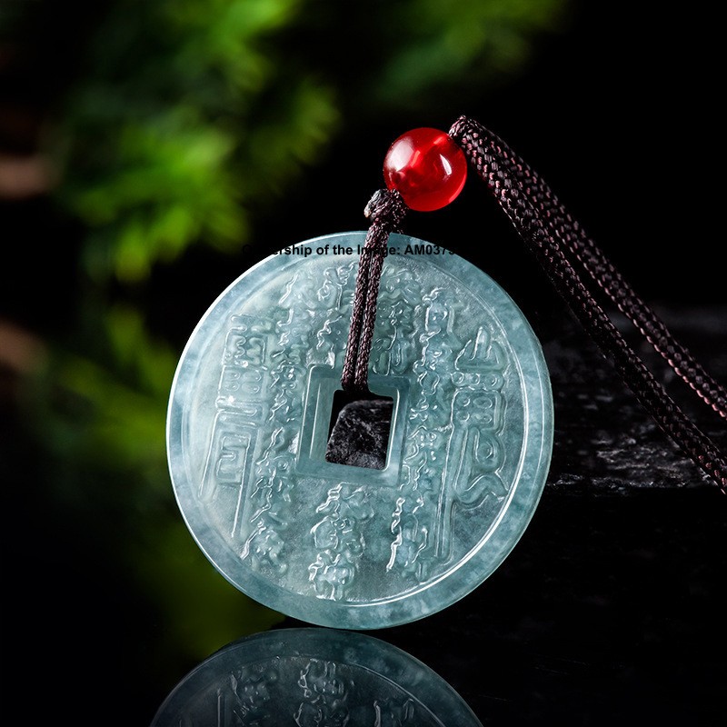 Natural Grade A Jade Jadeite Blue Green Pot Coin-Shaped Keep Safe Pendant