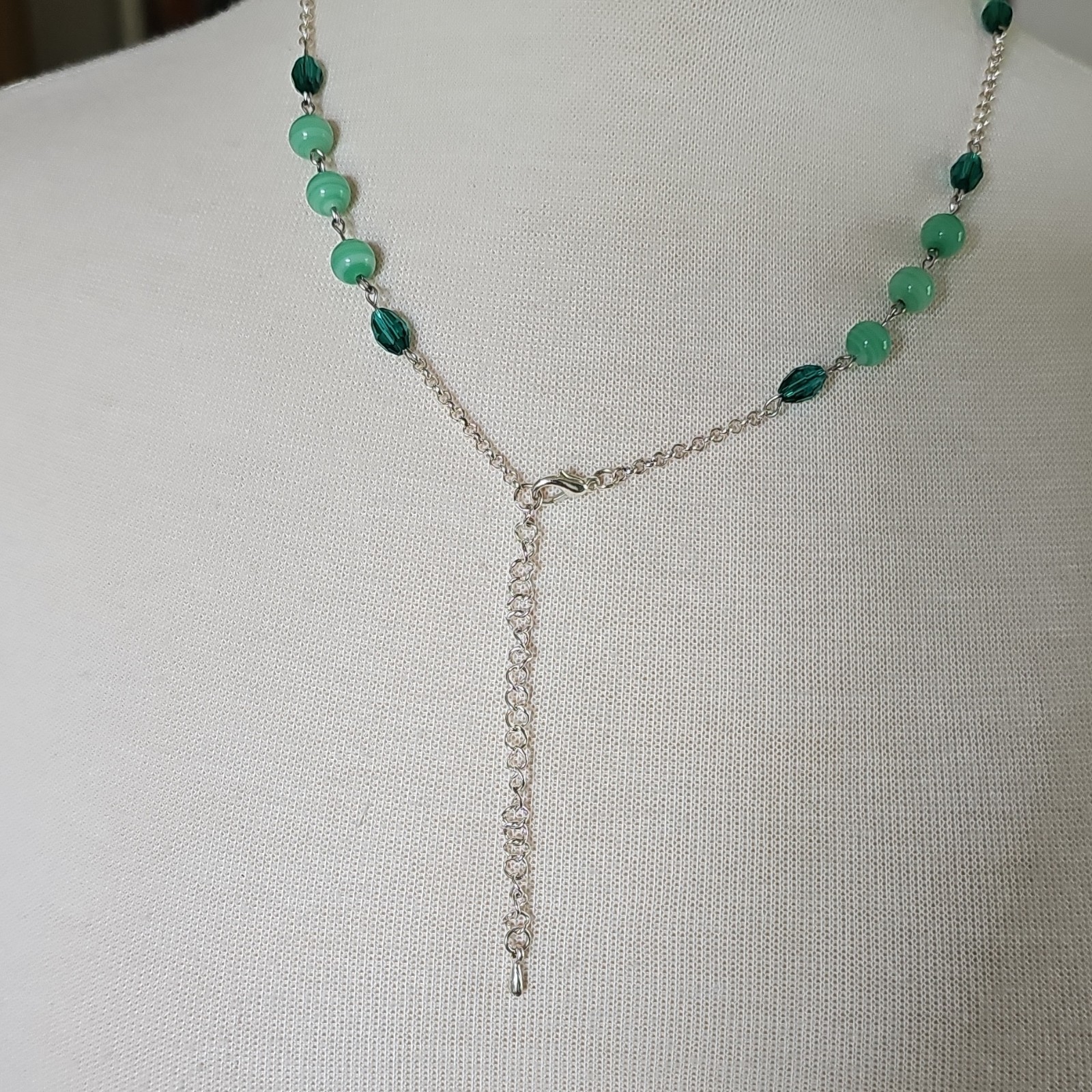 Assemblage Necklace Vintage Czech Glass Beads Malachite Cab Pendant Silver Tone