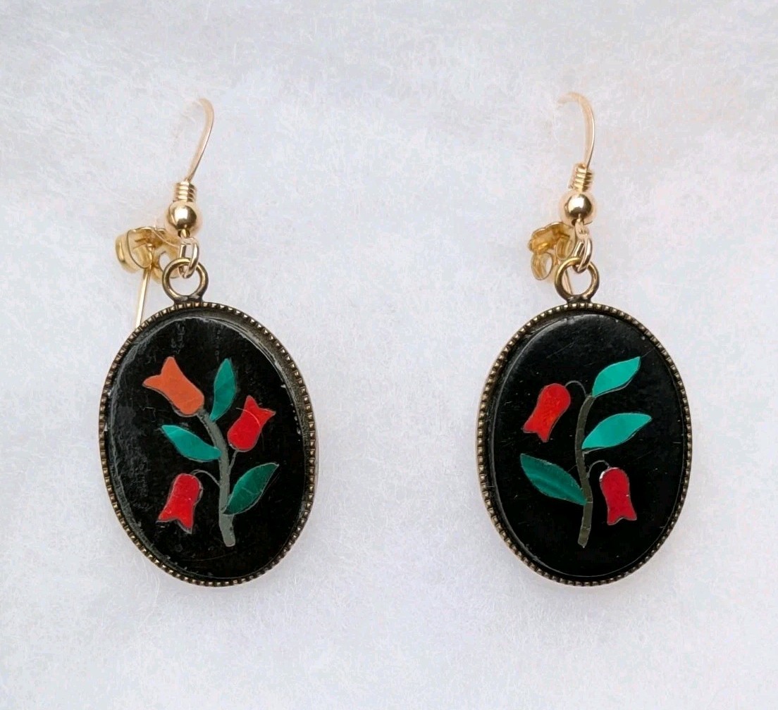 Pietra Dura Pierced Earrings – Made w/ Antique Italian Plaques, 14k GF Hooks C15