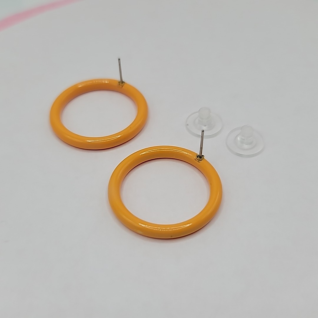 Vtg Mustard Yellow Enamel Round Hoop Pierced Stud Earrings