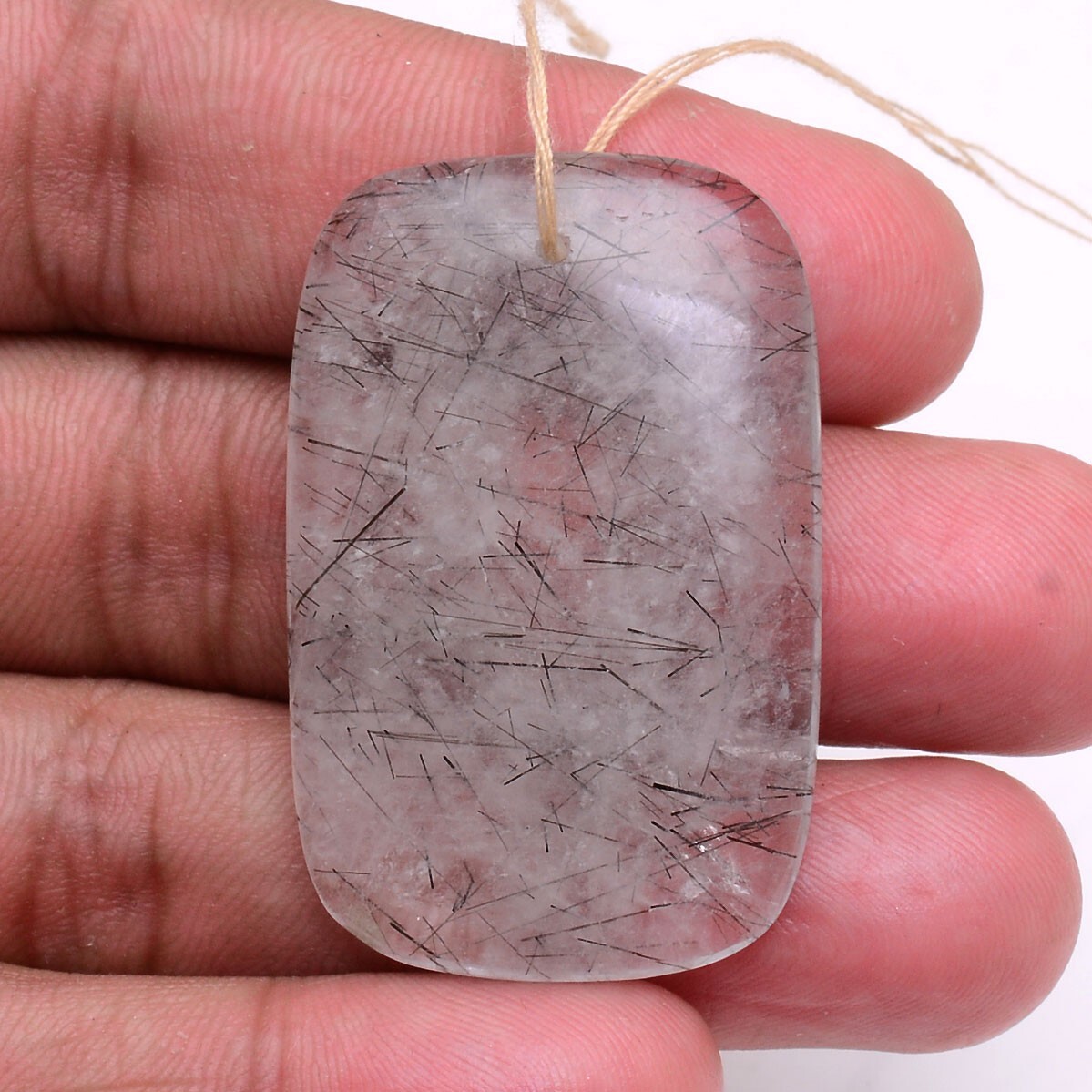 67.00 Cts Natural Rutile Quartz Black Needles Drilled Cushion Untreated Gemstone