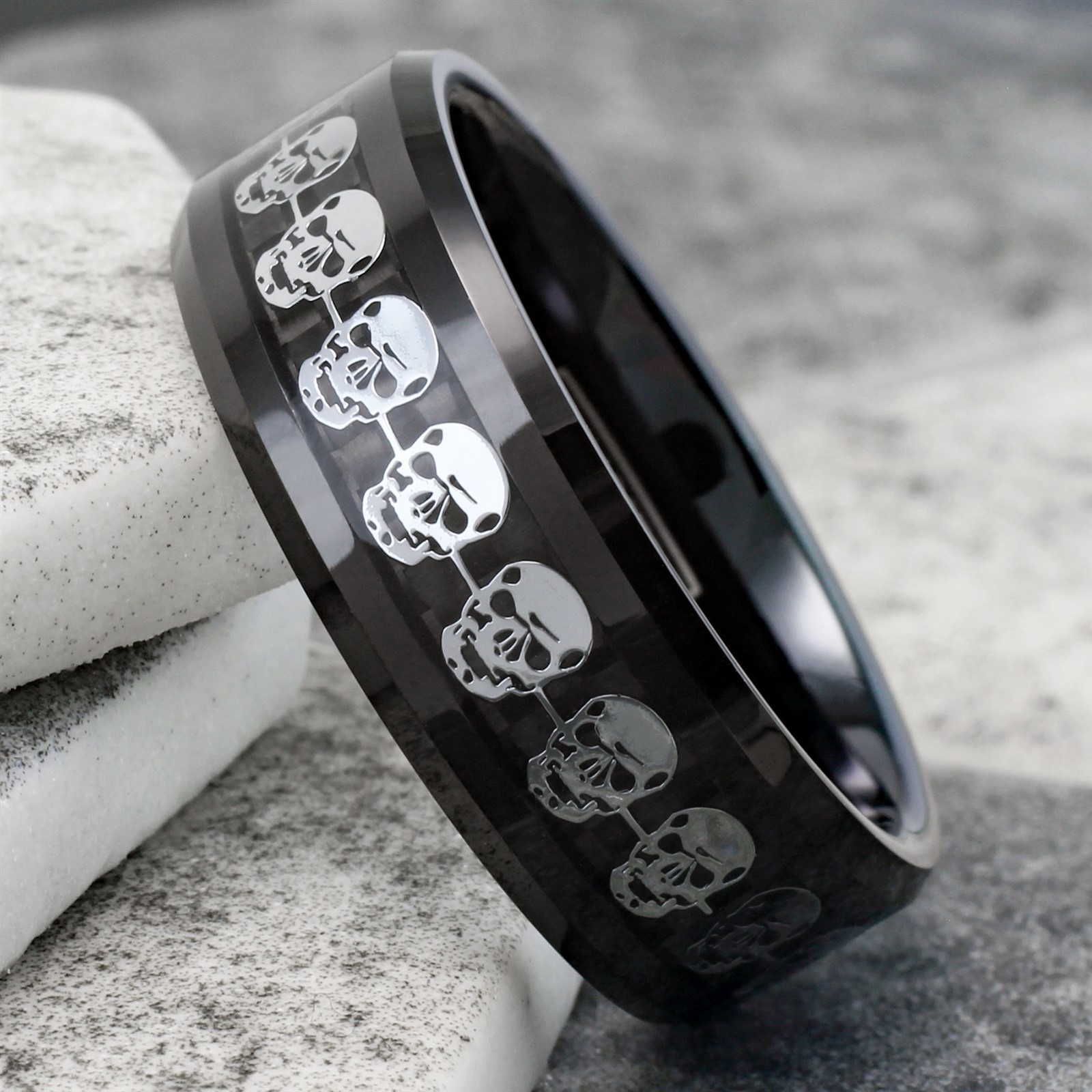 Black Tungsten Carbide Men’s Silver Skull over Carbon Fiber Wedding Band Ring
