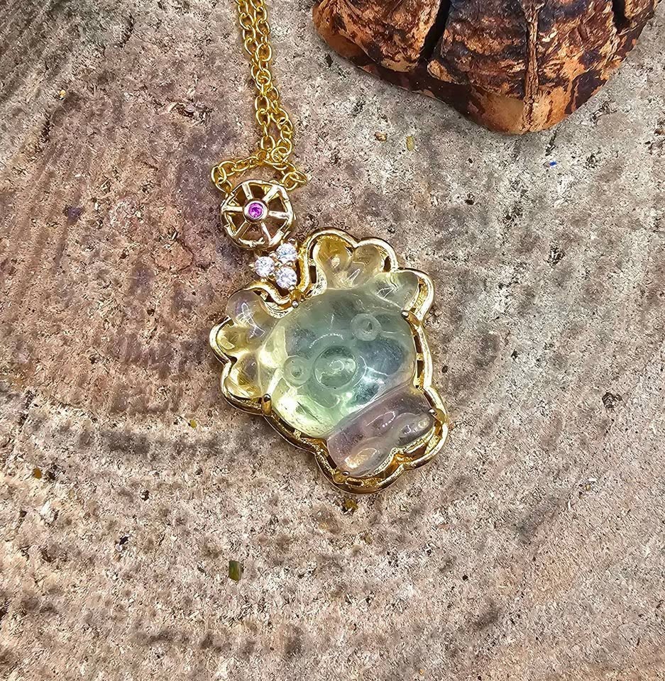 Adorable Nature Rainbow Fluorite Hand Carved Deer Pendant Necklace