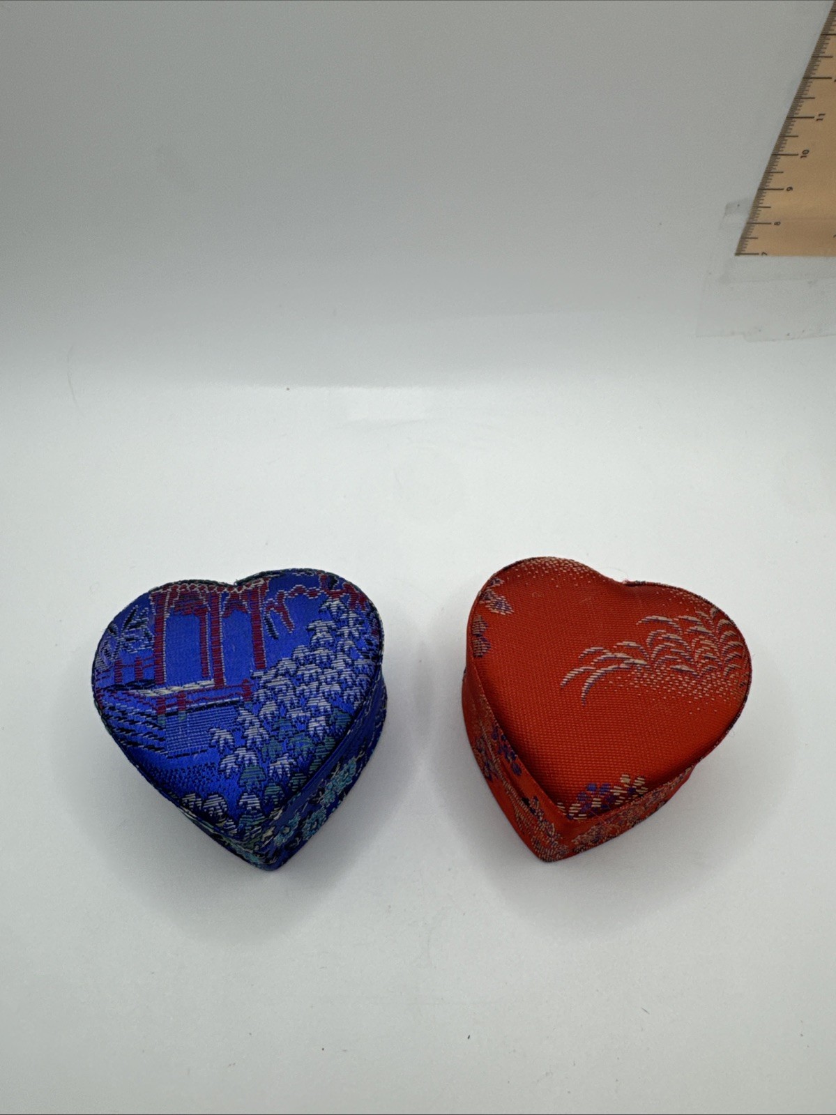 Set Of 2 Asian Ring Jewelry Box Compact Fabric Floral Portable – Heart Shaped