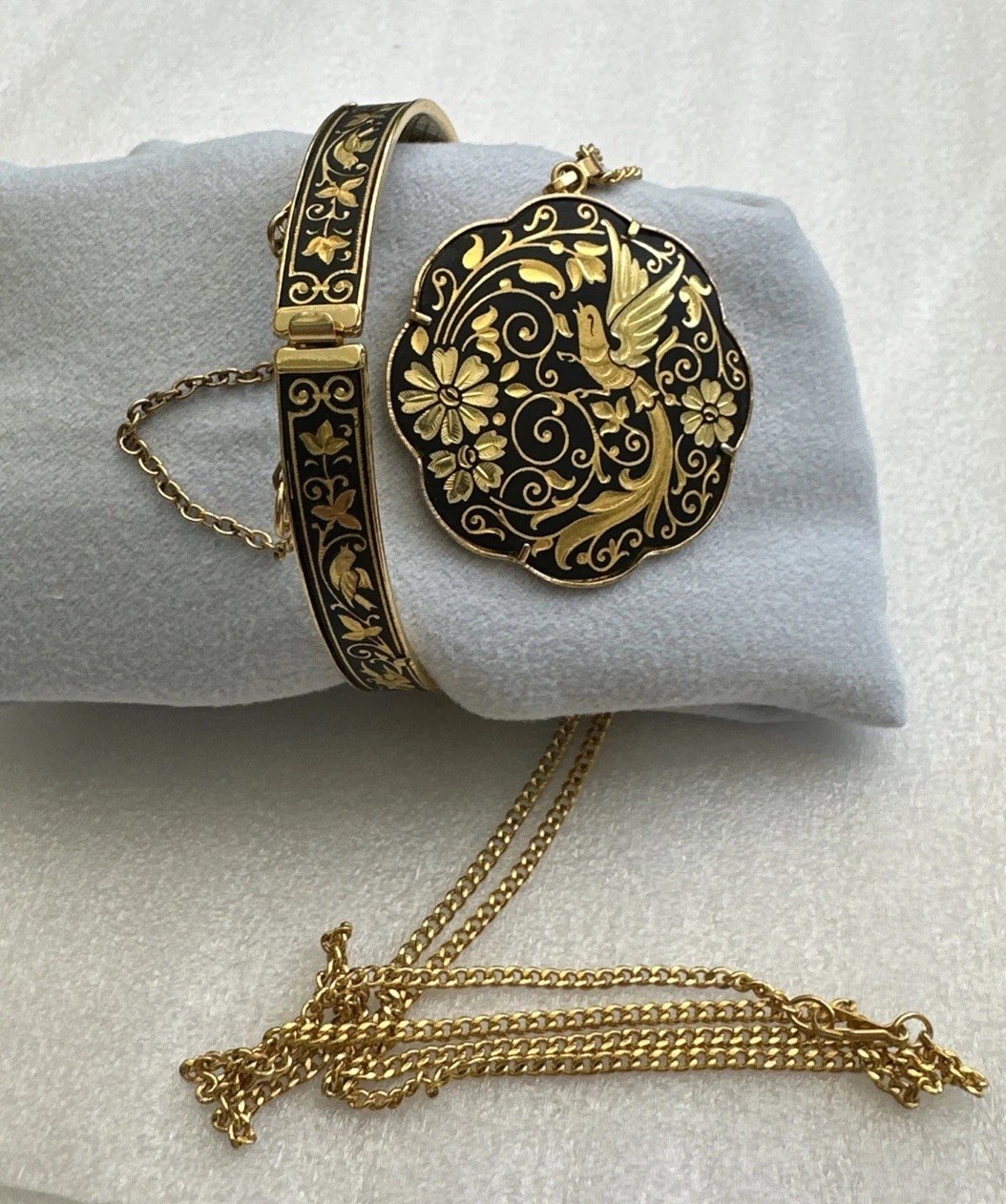 Vintage Spanish Damascene Bird Floral Bracelet & Pendant Set Black Gold