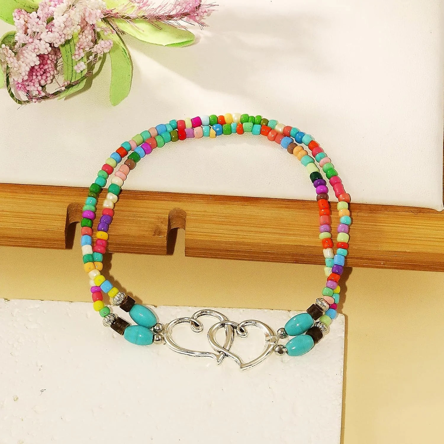 Elastic Beaded Ankle Bracelets for Women Double Heart Layered Stretch Ankle Brac