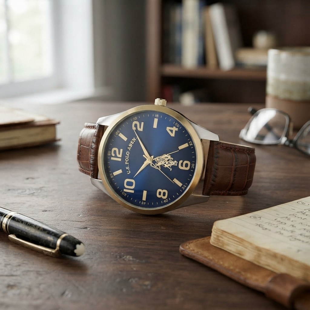 U.S. Polo Assn. Men’s Quartz Dress Watch – Blue Dial, Gold Bezel, Brown Strap