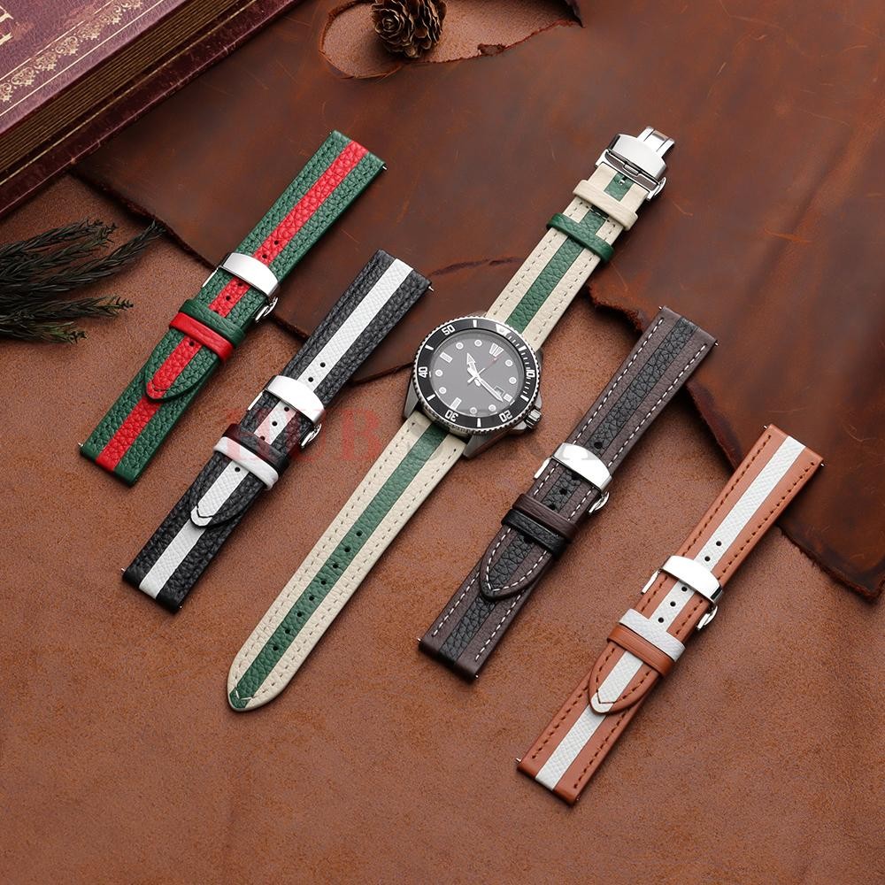 Genuine Calfskin Leather Watch Strap 20mm 22mm For Omega Seiko Butterfly Buckle