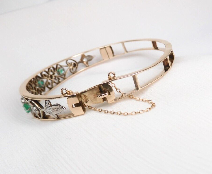 Antique Colombian Emerald & Diamond 1.03 CTW Bracelet 14K Gold Filigree Muzo Min