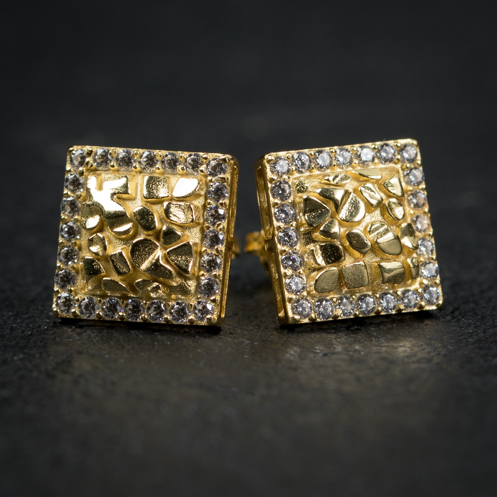 Mens Square Yellow Gold Plated Sterling Silver Iced Nugget Screw Back Earrings