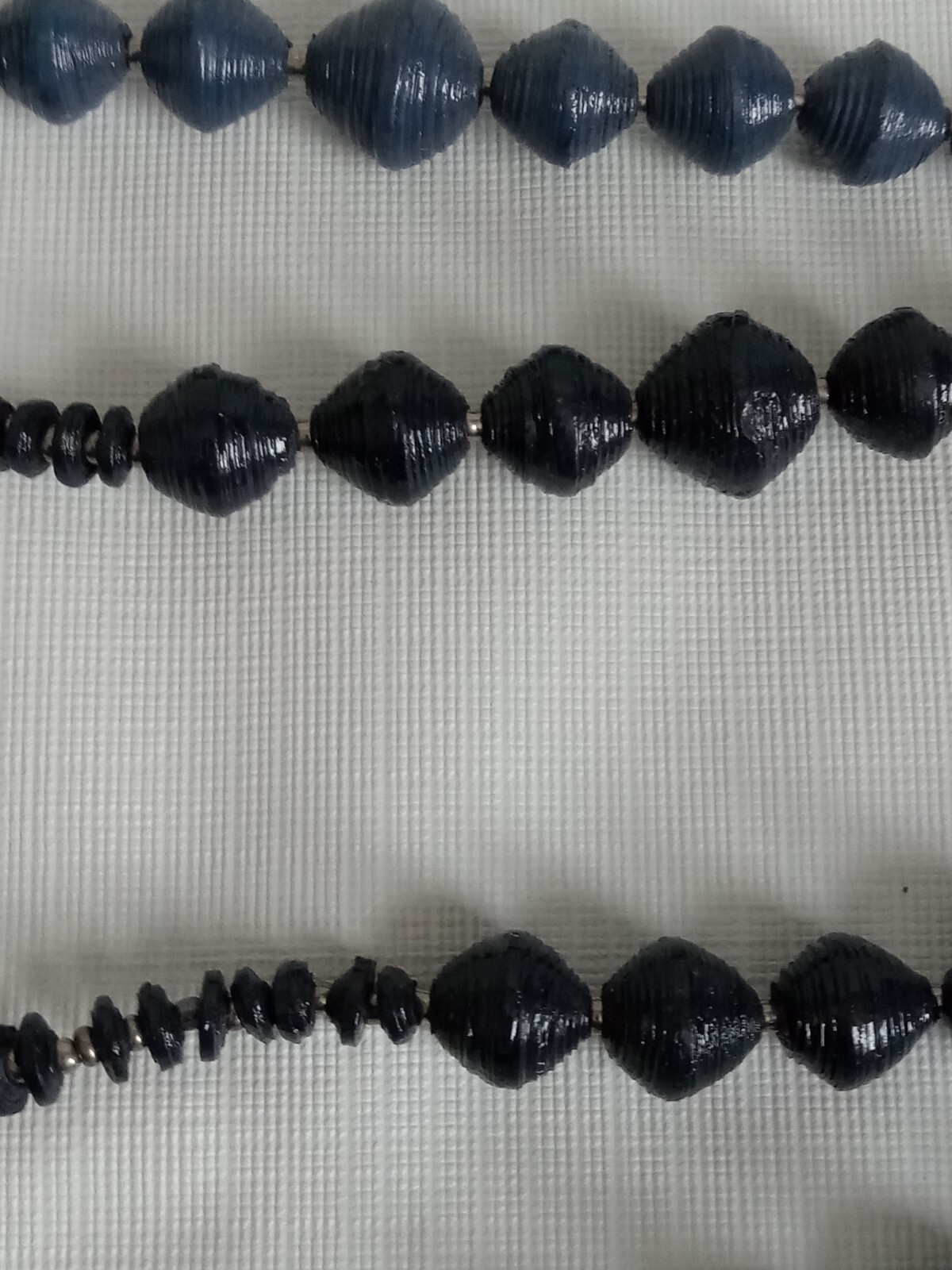 Shades of Blue Lightweight Ribbed Paper Beads Long Length Single Strand Necklace
