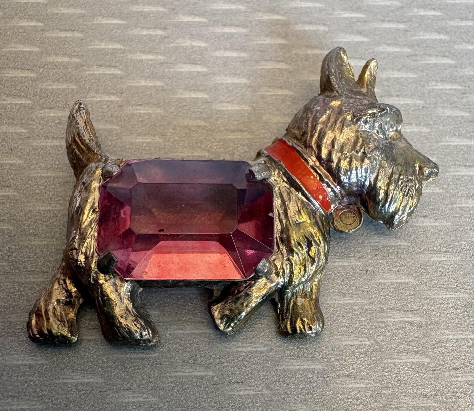 30s Vintage Scottie Dog Brooch Pot Metal Big Pink Glass Stone Signed Star S