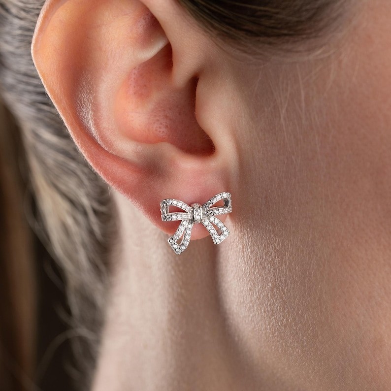 Bow Shape Natural GH/SI Diamond Cluster Earrings 14k White Gold For Party Wear