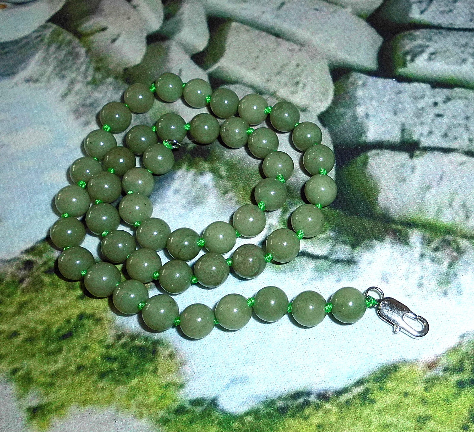 JADE Organic Burma 8mm HAND KNOTTED 18″ Necklace w Silver Lobster Claw New *USA