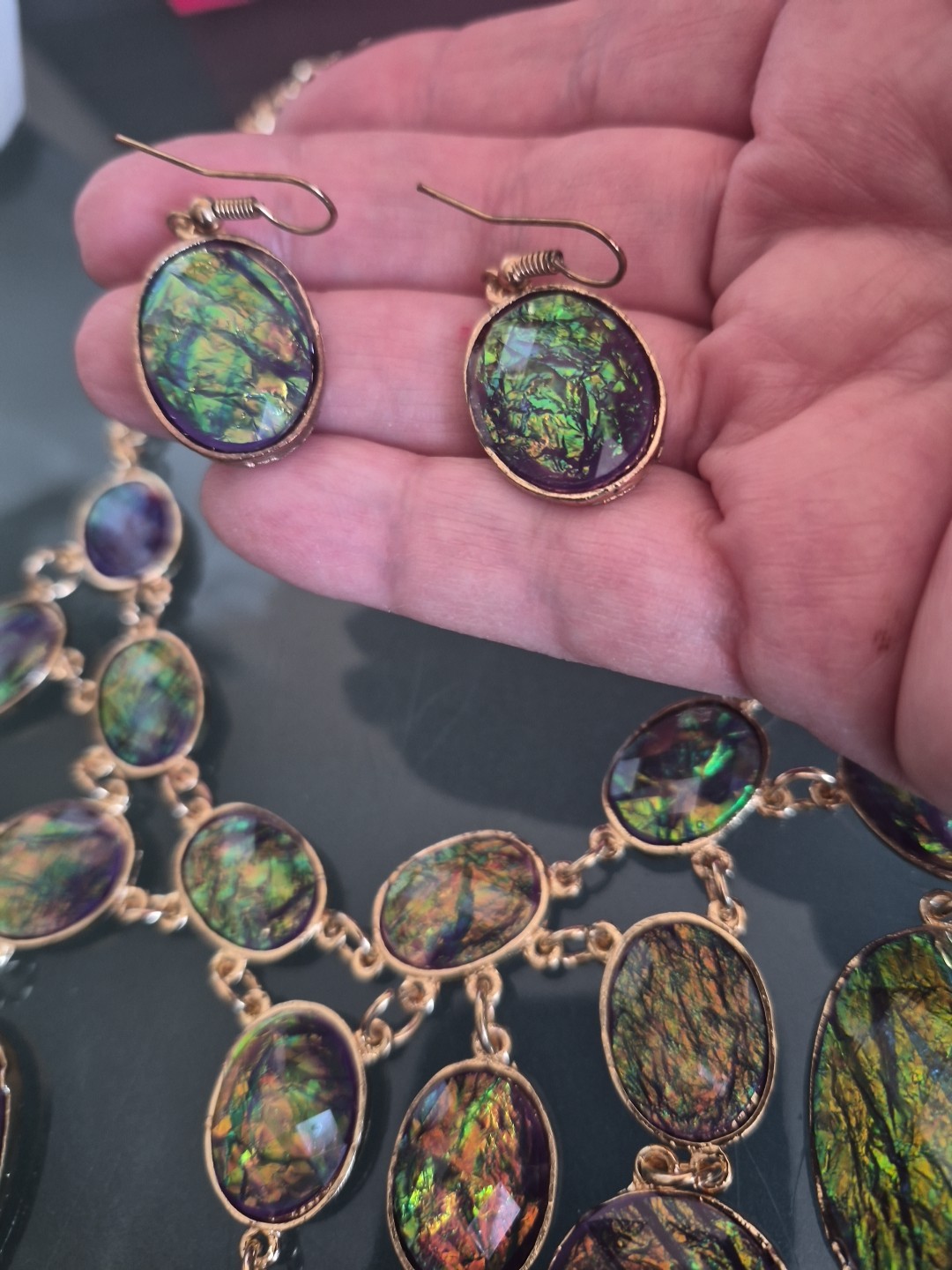 Designer Gold Color Created Opal Adjustable Necklace Up To 27″, Earrings Set