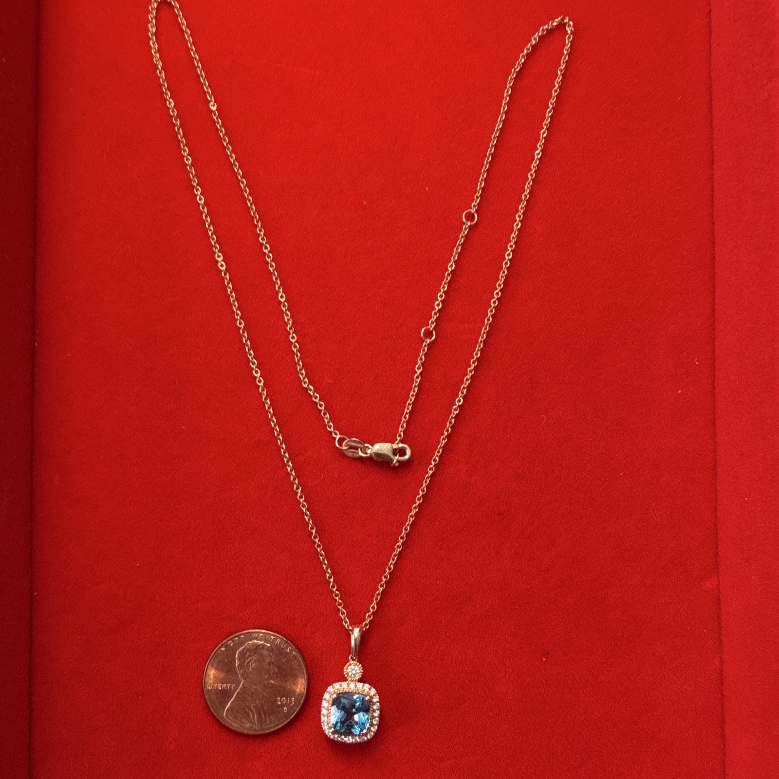 Blue Topaz, 24 Diamonds Gold 14K Cable Chain Necklace RCI ,Square Charm Pendant