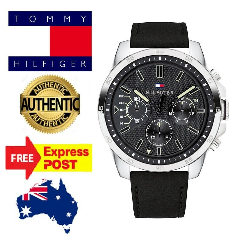 NEW TOMMY HILFIGER “ICONIC” TH1791563 SILVER/BLACK/LEATHER CHRONO MENS WATCH