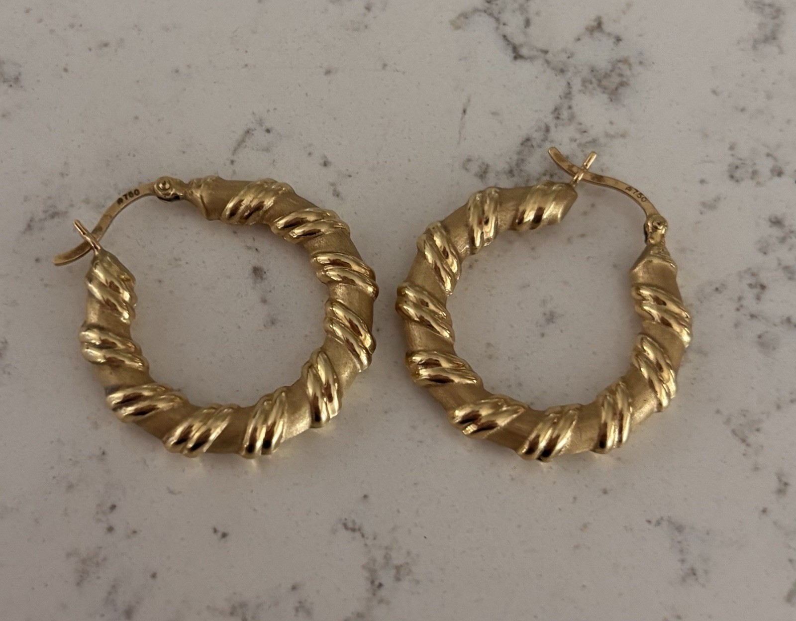 18K Gold Bamboo Style Twisted Hoop, Yellow Gold Hollow Ribbon Hoop Earrings