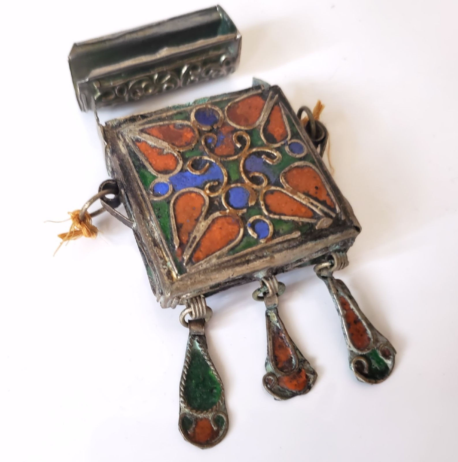 Vintage 1970s Moroccan Berber Hirz Prayer Box Pendant Cloisonne Enamel Locket